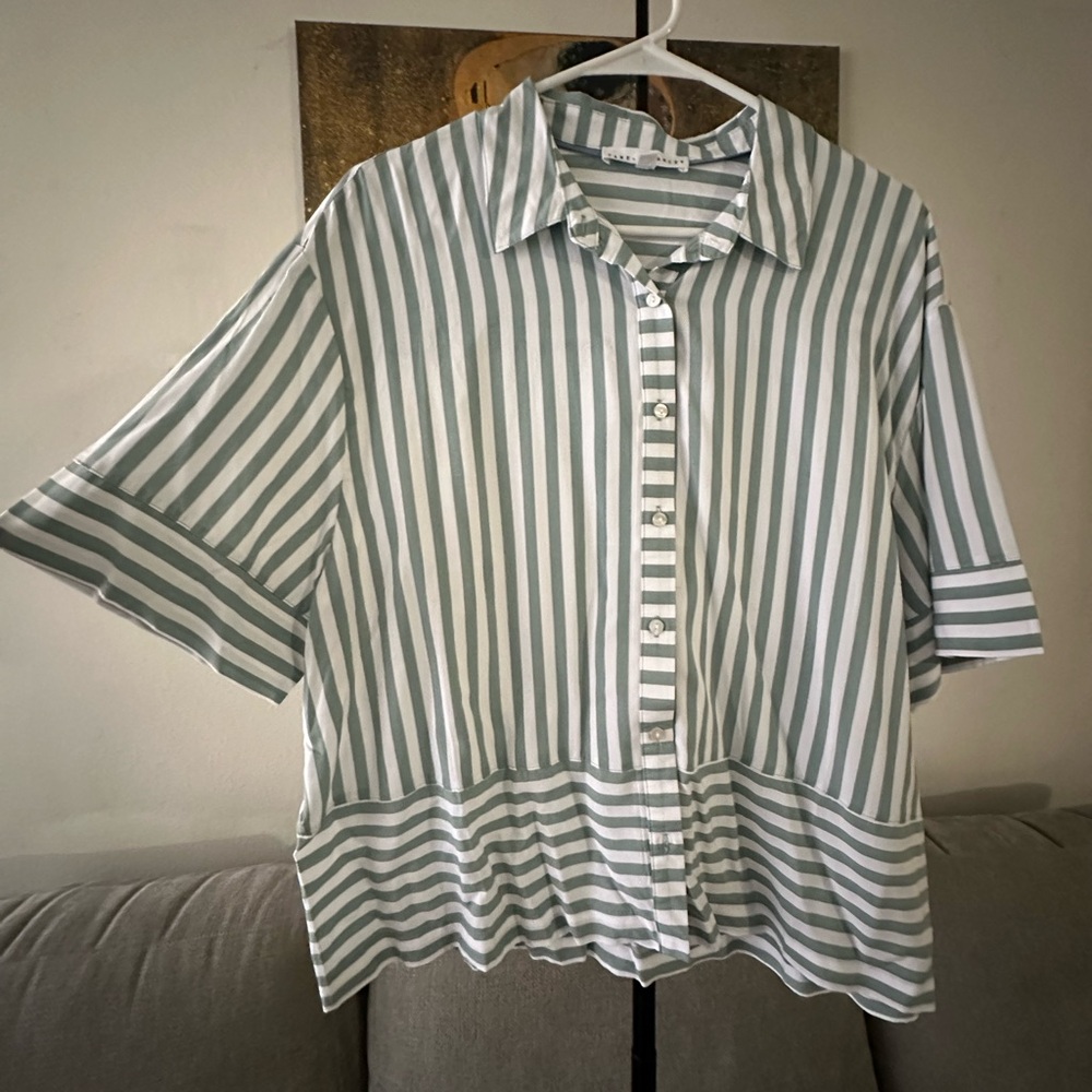 Jane and Delancey Green and White Striped Button-Up Blouse